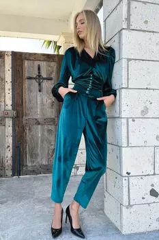 Женские бархатные брюки-морковки изумрудно-зеленого цвета с высокой талией и двойными карманами Trend Alaat Stili, зеленый