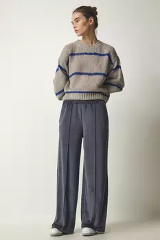 Женские бархатные брюки палаццо антрацитового цвета Happiness stanbul, серый