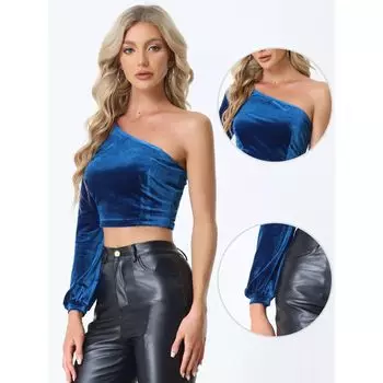 Женские бархатные укороченные топы на одно плечо с длинным рукавом ALLEGRA K