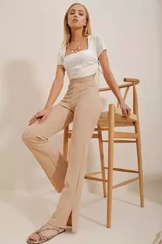 Женские бежевые брюки из лайкры с завышенной талией и разрезом спереди Trend Alaat Stili, бежевый