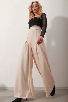 Женские бежевые брюки-палаццо с эластичной резинкой на талии и плиссировкой ALC-X9811 Trend Alaat Stili, бежевый