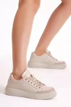 Женские бежевые кроссовки на шнуровке на полиподошве TONNY BLACK