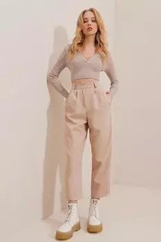 Женские бежевые плиссированные брюки с двойным карманом и детальной отделкой спереди ALC-X9744 Trend Alaat Stili, бежевый