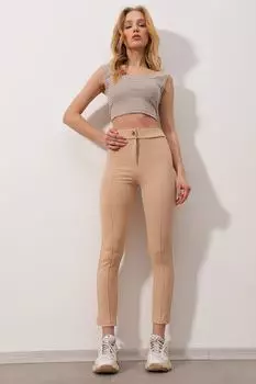 Женские бежевые прошитые тканые брюки в рубчик с высокой талией Trend Alaat Stili, бежевый
