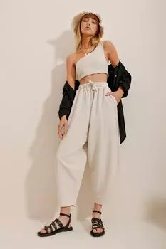 Женские бежевые широкие льняные тканые брюки с резинкой на талии ALC-X8789 Trend Alaat Stili, бежевый
