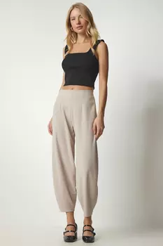 Женские бежевые удобные тканые брюки-шалвар Happiness stanbul, бежевый