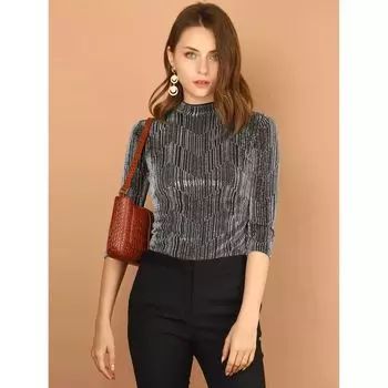 Женские блестящие полосатые топы металлик с рукавами 3/4 для вечеринок ALLEGRA K