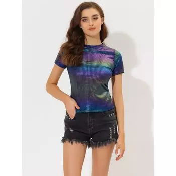 Женские блестящие разноцветные топы с короткими рукавами и металлической текстурой для вечеринок ALLEGRA K, синий/фиолетовый