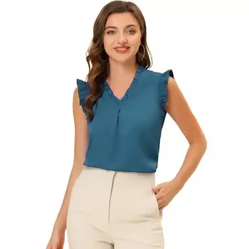 Женские блузки без рукавов с рюшами. Винтажные рабочие деловые топы 1950-х годов. ALLEGRA K, цвет Peacock Blue