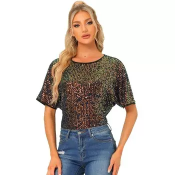 Женские блузки для клубной одежды с круглым вырезом и короткими рукавами ALLEGRA K, мультиколор