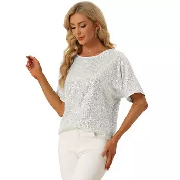 Женские блузки для клубной одежды с круглым вырезом и короткими рукавами ALLEGRA K, цвет Silver