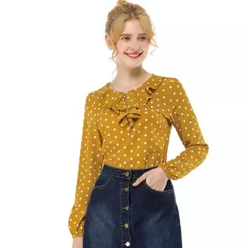 Женские блузки в горошек с рюшами и длинными рукавами, рубашки ALLEGRA K, желтый