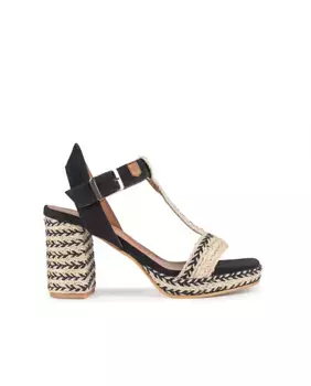 Женские босоножки на каблуке из комбинированной кожи с застежкой-пряжкой Popa, черный