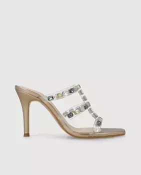 Женские босоножки на каблуке из кожи и винила с заклепками Lodi, золото