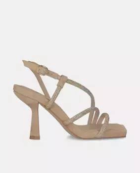 Женские босоножки на каблуке с квадратным носком и ремешками со стразами Alma en Pena, бежевый