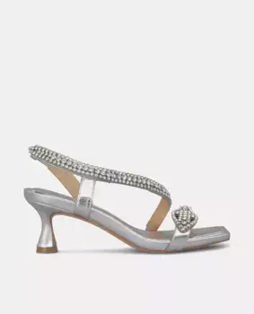 Женские босоножки на каблуке с квадратным носком и змеей из стразов Alma en Pena, серебрянный