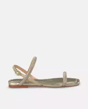 Женские босоножки на плоской подошве с двумя ремешками со стразами и застежкой на пряжке Alma en Pena, золотой