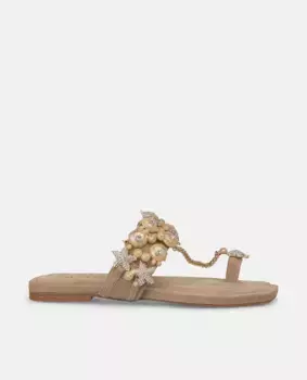 Женские босоножки на плоской подошве с отделкой стразами и металлическим ремешком Alma en Pena, бежевый