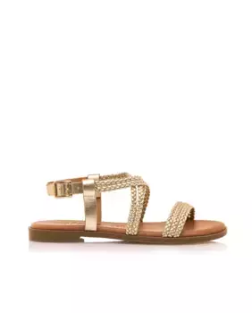 Женские босоножки на плоской подошве с плетеными кожаными ремешками Mustang, золотой