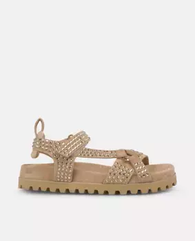 Женские босоножки на плоской подошве со стразами и самоклеящейся застежкой Alma en Pena, цвет Marrn claro