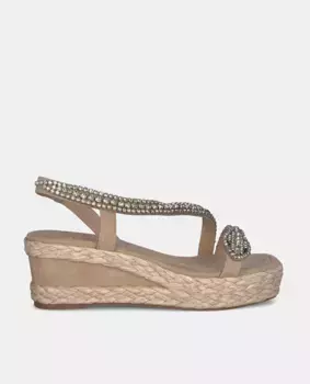 Женские босоножки на танкетке с квадратным носком и змеей со стразами Alma en Pena, бежевый