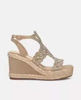 Женские босоножки на танкетке с квадратным носком и стразами Alma en Pena, бежевый