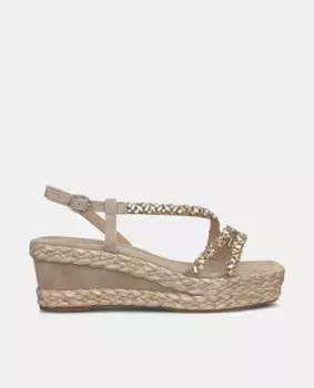 Женские босоножки на танкетке с квадратным носком и стразами Alma en Pena, бежевый