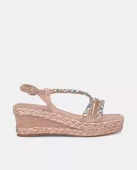 Женские босоножки на танкетке с квадратным носком и ремешками со стразами Alma en Pena, розовый