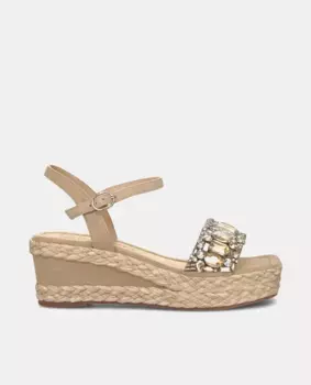 Женские босоножки на танкетке с квадратным носком и ремешком со стразами Alma en Pena, бежевый