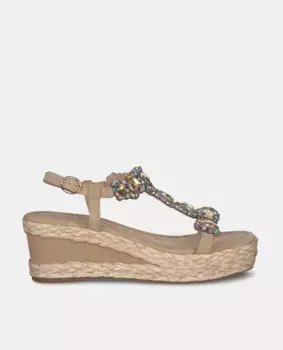 Женские босоножки на танкетке с квадратным носком и декором из стразов Alma en Pena, бежевый