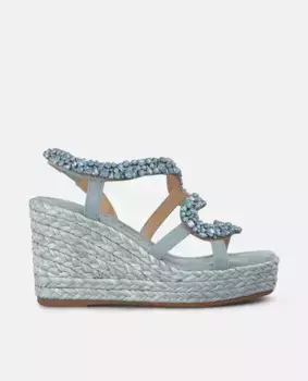 Женские босоножки на танкетке с квадратным носком, украшенные стразами и змеиным узором Alma en Pena, синий