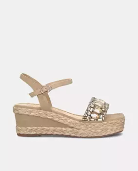 Женские босоножки на танкетке с квадратным носком и ремешком со стразами Alma en Pena, бежевый