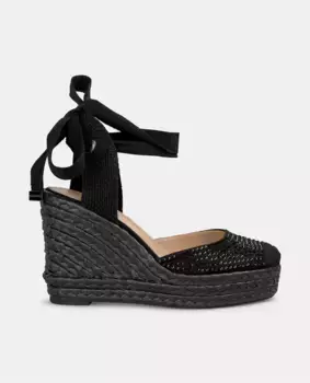 Женские босоножки на танкетке с переплетенными ремешками и носком, покрытым стразами Alma en Pena, чёрный