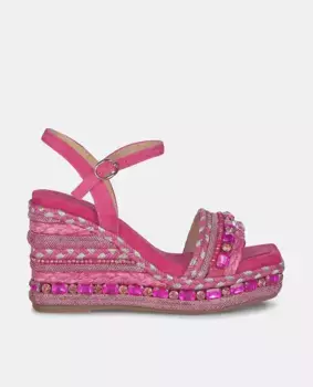 Женские босоножки на танкетке с плетеной отделкой и стразами Alma en Pena, фуксия