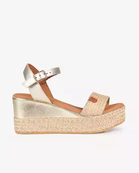 Женские босоножки на танкетке с золотым джутом и пряжками Popa, золотой