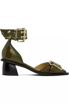 Женские босоножки с пряжкой и открытым мысом Ganni, цвет military olive