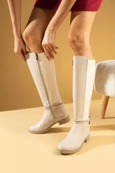 Женские ботинки Stoned ниже колена из эластичной ткани на молнии 59-8893-23 Pembe Potin, крем