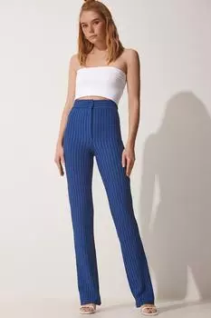 Женские брюки цвета индиго в полоску с высокой талией Happiness stanbul, темно-синий