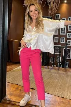 Женские брюки фуксии с пуговицами спереди и высокой талией, с эластичной резинкой на талии и поясом Trend Alaat Stili, розовый