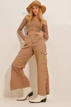 Женские брюки из габардина цвета молочного кофе с боковыми застежками и карманами-карго Trend Alaat Stili, коричневый