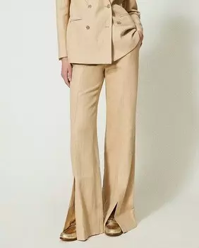 Женские брюки из льняного твила с разрезами Twinset, бежевый