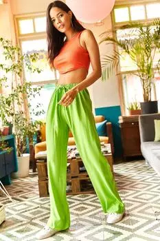 Женские брюки из вискозы палаццо фисташкового цвета с поясом Olalook, зеленый