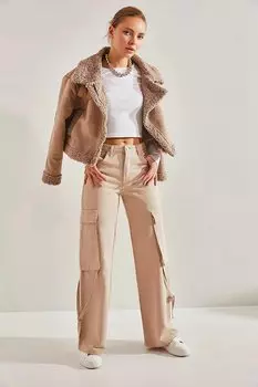 Женские брюки карго с карманами на шнурке SHADE, бежевый