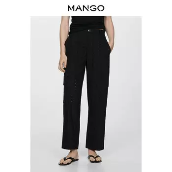 Женские брюки Mango с вышивкой из чистого хлопка, черный