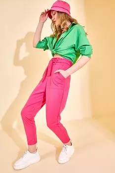 Женские брюки-морковки цвета фуксии с эластичной резинкой на талии XHAN, розовый