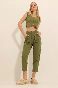 Женские брюки-морковки цвета хаки с высокой талией ALC-X11148 Trend Alaat Stili
