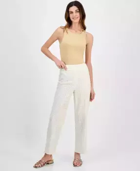 Женские брюки на резинке с вышивкой и ажурными вставками Anne Klein, белый