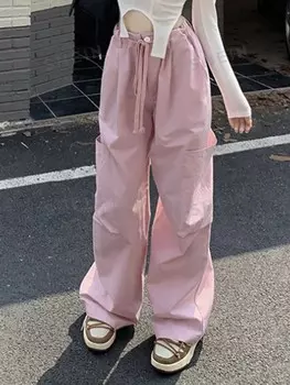 Женские брюки, очень свободные, украшены поясом, широкие брючины, заниженная талия, с мешковатым карманом Dazy, розовый