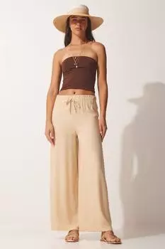 Женские брюки палаццо из хлопка и вискозы латте Happiness stanbul, бежевый