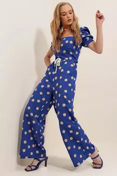 Женские брюки-палаццо с двойным карманом и поясом Saks с узором в горошек ALC-X8546 Trend Alaat Stili, темно-синий